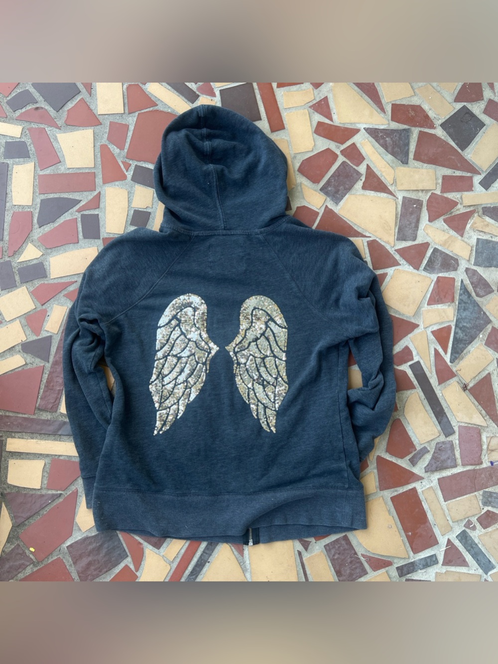 Victoria's Secret Gray Zip Up Hoodie with Sequin Silver Angel Wings